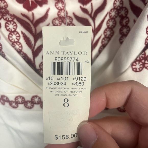 Ann Taylor Ivory Burgundy Red Embroidered Floral Box Pleat Sun Dress size 8 new - Picture 3 of 9